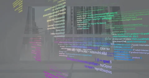 Animation of colorful programming code floating over urban cityscape background Stock Footage 306267023