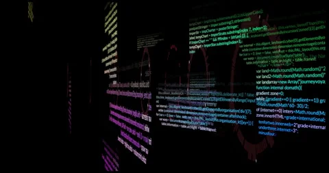 Animation of colorful programming code over dark background with abstract shapes Stock Footage 304855994