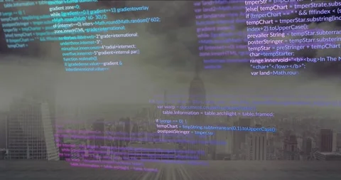 Animation of colorful programming code over cityscape with skyscrapers in Stock Footage 326034909