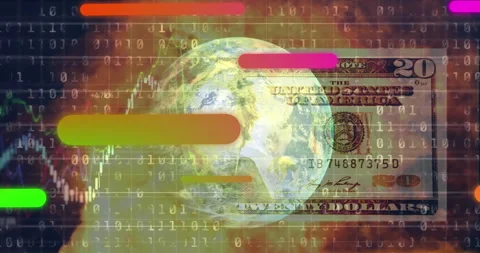 Animation of colorful tubes, binary code, flames and financial data moving over Vidéo 315950085