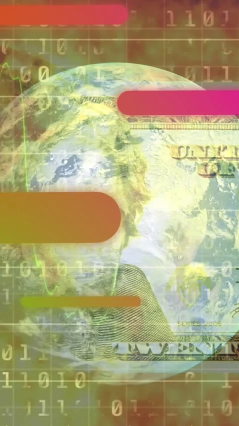 Animation of colorful tubes, binary code, flames and financial data moving over Stock-Footage 343738859
