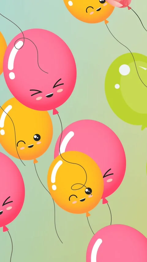 Animation of colourful balloons with faces flying on blue to green background Stock Footage 319055678