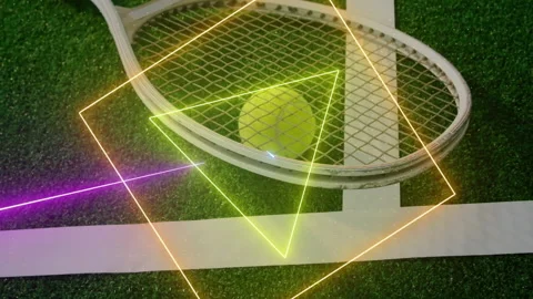 Animation of colourful circle, triangle and square scanning tennis ball and Stock Footage 263913144