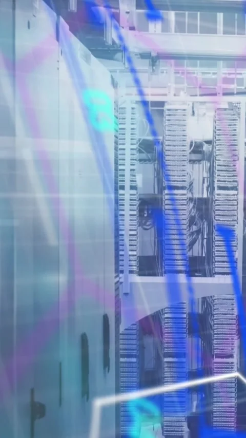 Animation of colourful data processing over motherboard and computer servers in Stock Footage 343128274
