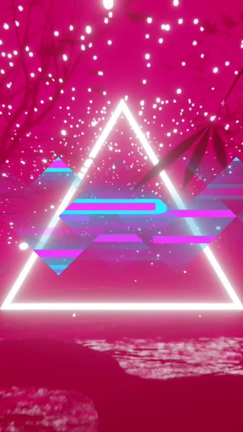 Animation of colourful distortion and white neon triangle over pink trees and Stock Footage 342910494
