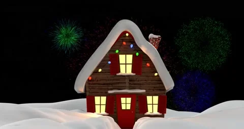 Animation of colourful fireworks exploding over house in snow at christmas, on Stock Footage 165599811