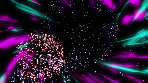 Animation of colourful lights and exploding fireworks in night sky Stock Footage 165069656