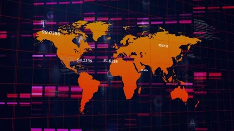 Animation of colourful mesh rotating with world map networks of connections Video stock 329295771