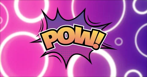 Animation of colourful pow text over comic shape over floating neon circles on Stock Footage 303950960