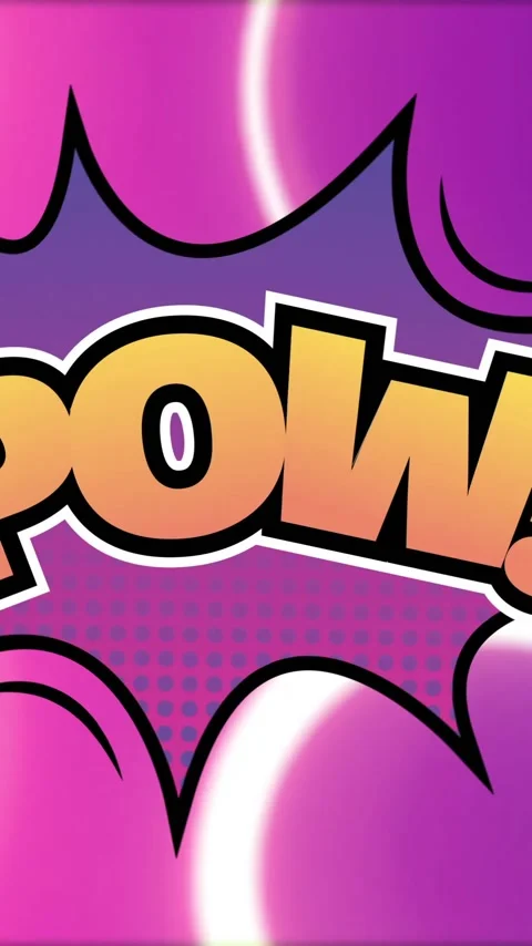Animation of colourful pow text over comic shape over floating neon circles on Stock Footage 319157203