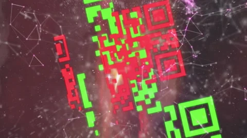 Animation of colourful QR code with web connection over space cloud and galaxy Stock Footage 312487368