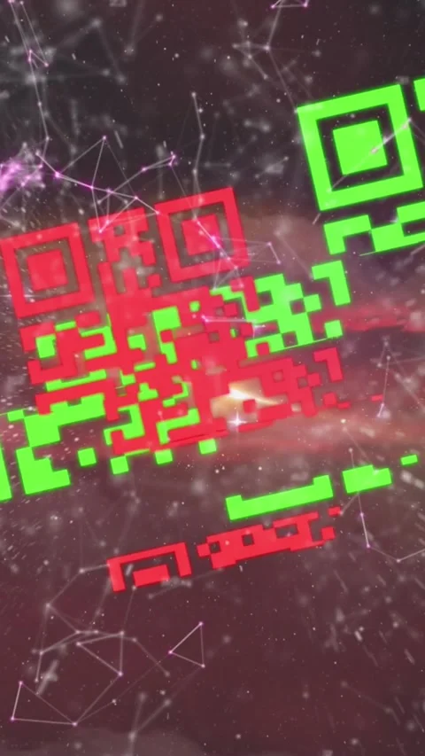 Animation of colourful QR code with web connection over space cloud and galaxy Stock Footage 323898799