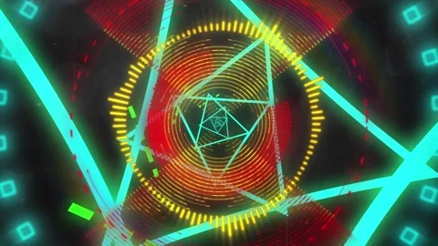 Animation of colourful rotating circular scanners and glowing blue triangles on Stock Footage 328148667