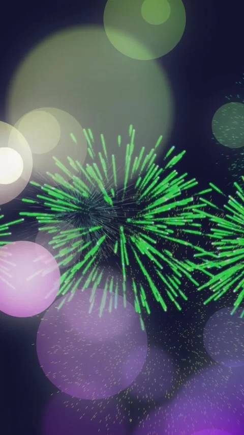 Animation of colourful spots of light over green fireworks exploding in night 스톡 동영상 343497557