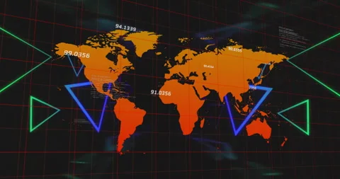 Animation of colourful triangles and data processing over orange world map on Video stock 265621605