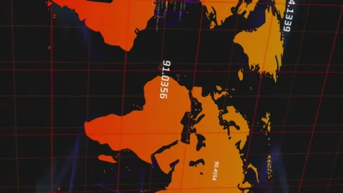 Animation of colourful triangles and data processing over orange world map on Stock Footage 312916644