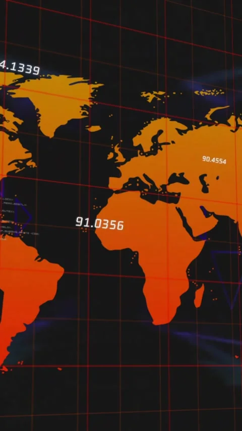 Animation of colourful triangles and data processing over orange world map on Stock Footage 320662810