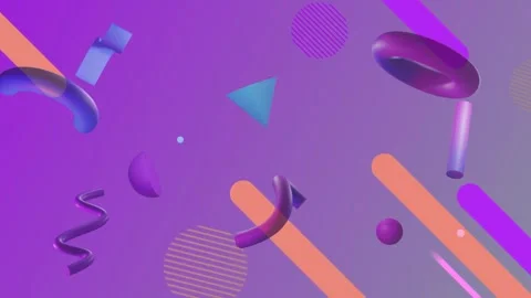 Animation of colourful various geometric objects rotating on purple background Stock Footage 249324471