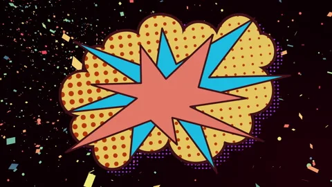 Animation of comic book explosion graphic with confetti falling on black Stock-Footage 148640868