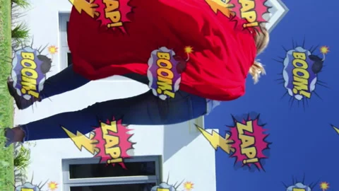 Animation of comic icons over happy caucasian mother with son with superhero Stock Footage 312641599