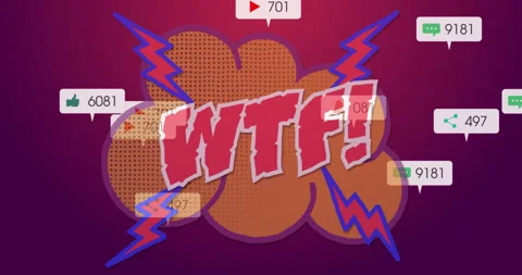 Animation with comic-style WTF text, social media icons, lightning bolts Stock Footage 303941663