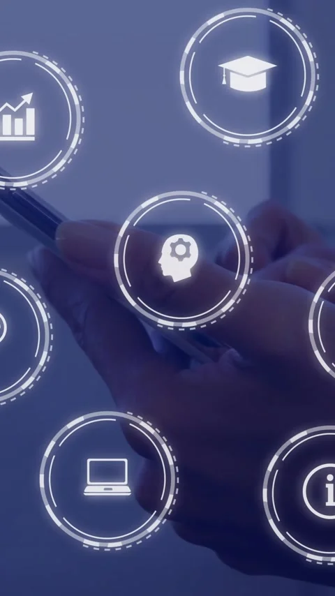 Animation of communication icons over hands of woman using tablet Vidéo 343919537