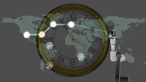 Animation of communication network and robot arm over clock and world map Stock Footage 165479446