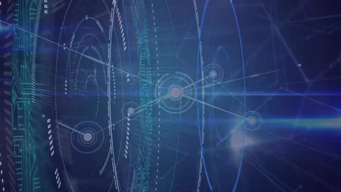 Animation of communication network over circular scanner processing data on Stock Footage 330255412