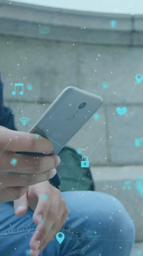 Animation of communication network over man using smartphone outdoors Stock Footage 344370225
