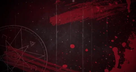 Animation of compass and spots of light moving over red paint splashes on black Stock Footage 266976612