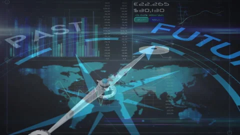Animation of compass with texts over data processing with world map on black Stock Footage 306819305