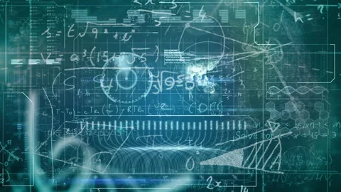 Animation of complex equations and diagrams overlaying digital blueprint in 動画素材 303624083