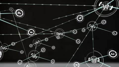 Animation of computer application icons interconnecting with lines over black Stock Footage 328977432