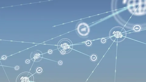 Animation of computer application icons interconnecting with lines over blue Stock Footage 329227782