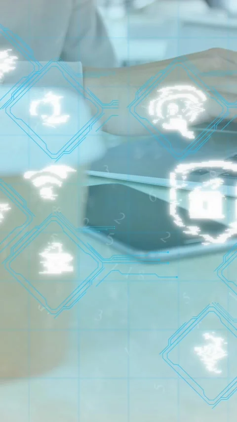 Animation of computer application icons over midsection of man working on laptop Stock Footage 321172095