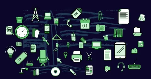 Animation of computer application icons over abstract drawing against blue Stock Footage 329766123