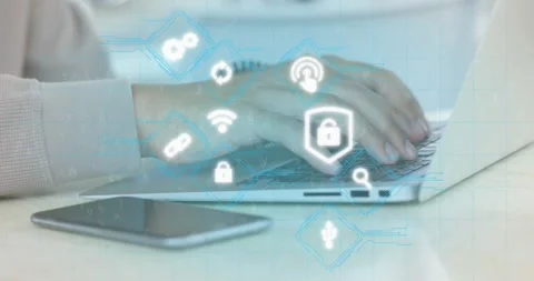 Animation of computer application icons over cropped hands of caucasian man Stock Footage 330175442
