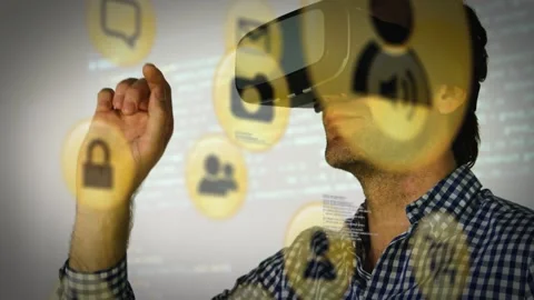 Animation of computer application icons, programming codes over caucasian man Stock Footage 329709286