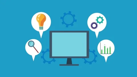Animation of computer with business analytics icons and rotating gears for .. Vidéo 333289881