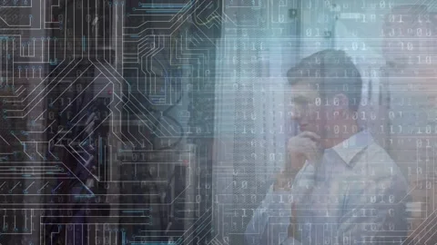 Animation of computer circuit board and binary coding over caucasian businessman Stock Footage 326759354