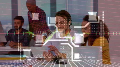 Animation of computer circuit board and data processing over diverse business Stock Footage 327709912