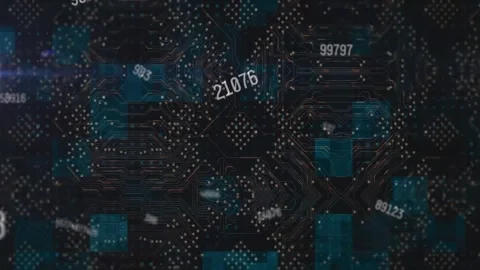 Animation of computer circuit board and data processing on black background Stock Footage 327712556