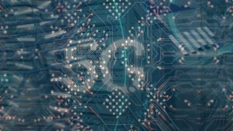 Animation of computer circuit board and data processing with 5g text over server Stock-Footage 328523215