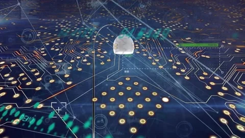 Animation of computer circuit board and network of connections with data Stock Footage 329364552