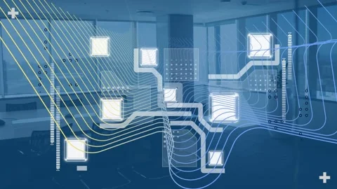 Animation of computer circuit board and lines over empty office Video stock 330586468