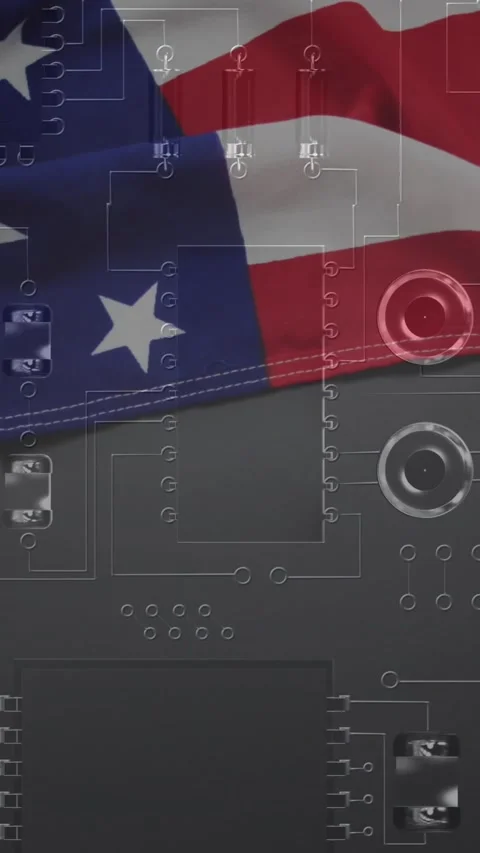 Animation of computer circuit board with data processing and flag of usa Stock Footage 343609087