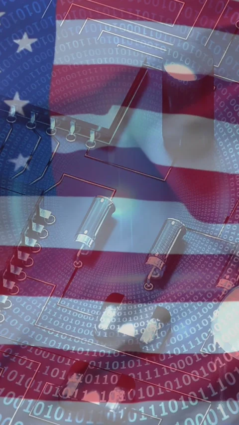 Animation of computer circuit board with data processing and flag of usa Stock Footage 343640988