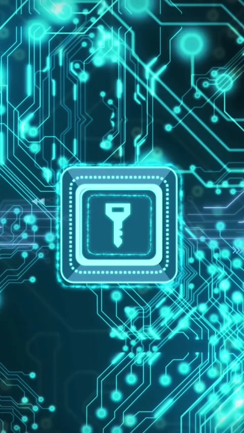 Animation of computer circuit board with data processing and key Stock Footage 343640993