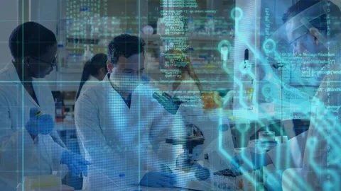 Animation of computer circuit board, dna strand and data over diverse scientists Stock Footage 330659157