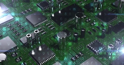 Animation of computer circuit board elements and binary coding over green Stock Footage 145257069